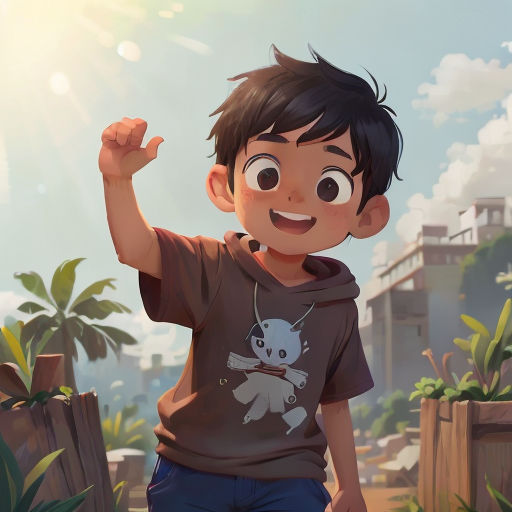 a boy with a brown shirt and blue shorts is standing in front of a fence and a building with a sky background