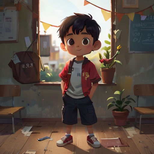 a boy standing in front of a window with a plant in the corner of the room next to him