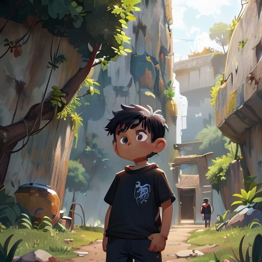a boy standing in a forest with a building in the background and a person walking away from him in the foreground