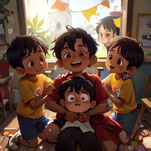a group of children standing next to each other in a room with a window and a sign that says,