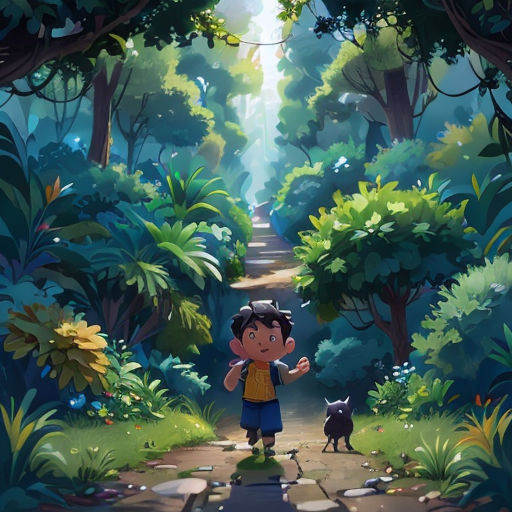 a boy is standing in the middle of a forest with a cat on a path leading to him and a dog on the other side