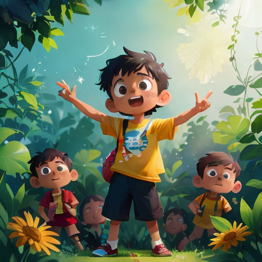 a boy standing in front of a group of kids in a forest with his arms up and his hands up