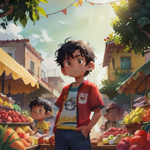 a boy standing in front of a fruit stand with a boy looking at him in the distance with a building in the background