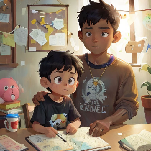 a boy and a boy are sitting at a table with a book and pen in front of them, and a boy is looking at a book