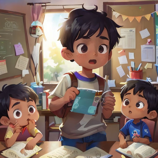 a boy and two boys are sitting at a table with books and papers in front of him and a girl is looking at a book