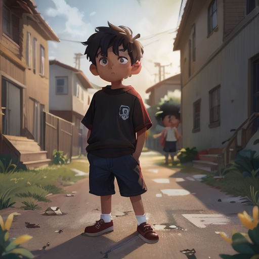 a boy standing on a street with a house in the background and a child standing on the street in the foreground