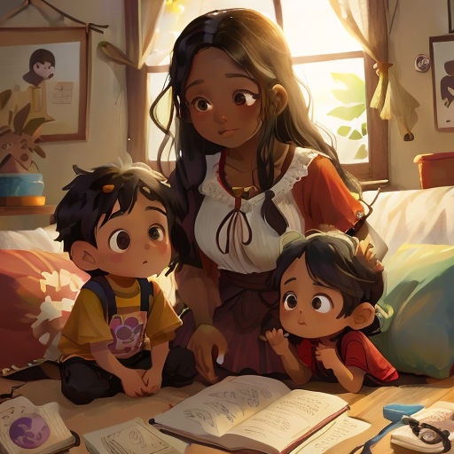 a woman and two children sitting on a bed with an open book in front of them and a window