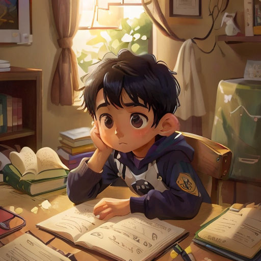 a boy sitting at a desk with a book and a pen in his hand and looking at the pages