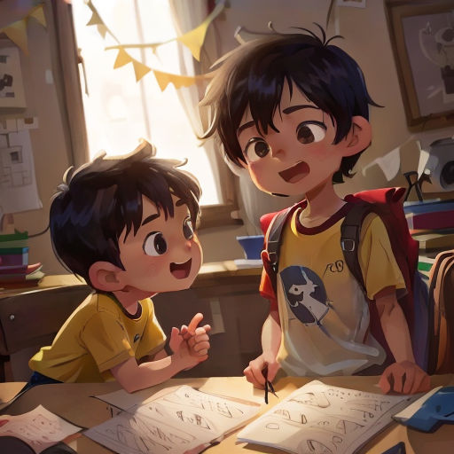 two children sitting at a table with a book and pen in front of them, looking at each other