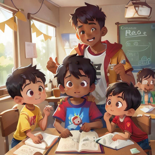 a group of children sitting at a table with books in front of them and a man standing behind them