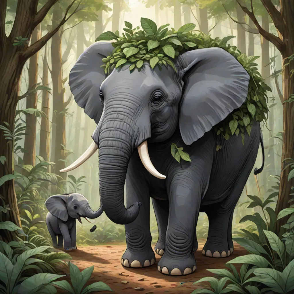 a large elephant and a baby elephant in a forest with trees and leaves on their backs, with a baby elephant standing next to it, Chris LaBrooy, sumatraism, a storybook illustration, highly detailed digital painting