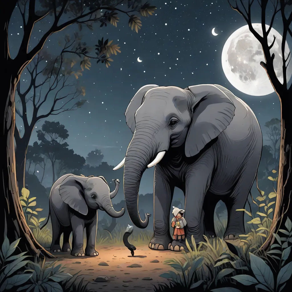 a couple of elephants standing next to each other on a forest floor at night with a full moon in the sky, Chris LaBrooy, magical realism, a storybook illustration, storybook illustration
