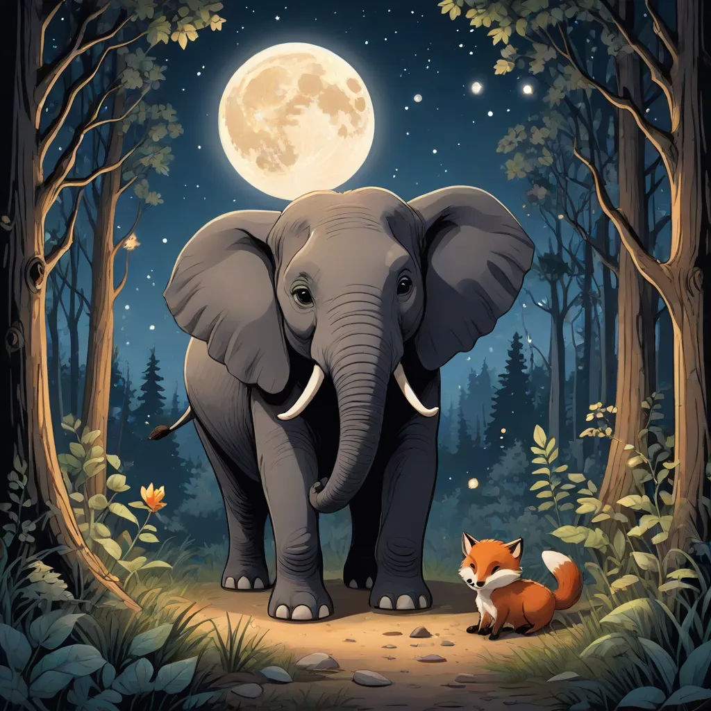 an elephant and a fox are standing in the woods under the moonlit sky with trees and leaves, and a full moon is visible in the background, Chris LaBrooy, pop surrealism, a storybook illustration, storybook illustration