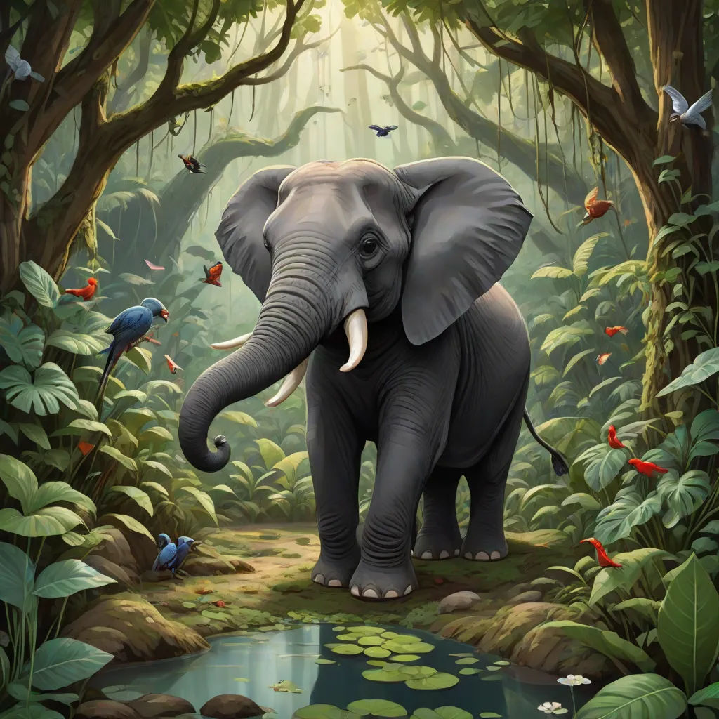 an elephant is standing in the middle of a jungle with birds and water lilies on the ground and trees, Chris LaBrooy, sumatraism, a storybook illustration, highly detailed digital painting