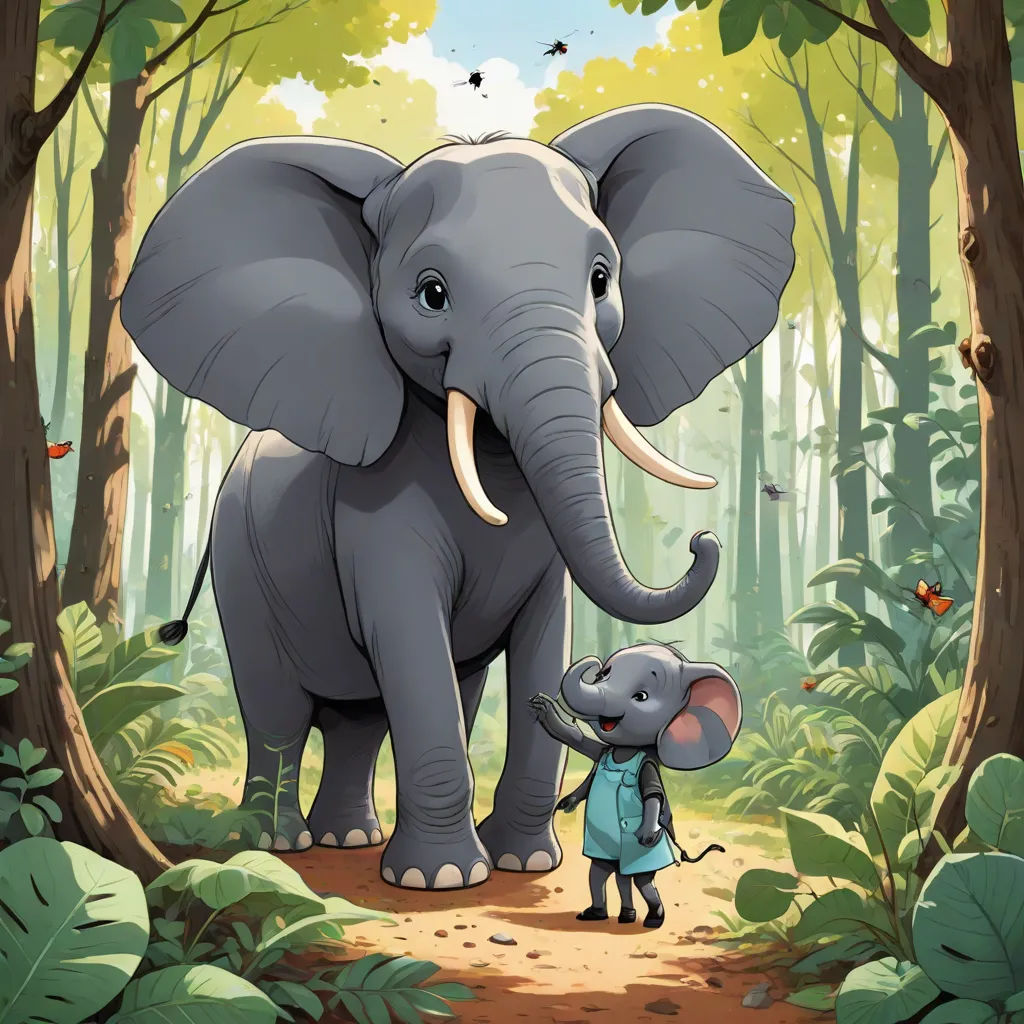 a small elephant standing next to a large elephant in a forest with trees and leaves on the ground and a person standing next to it, Chris LaBrooy, sots art, a storybook illustration, official art