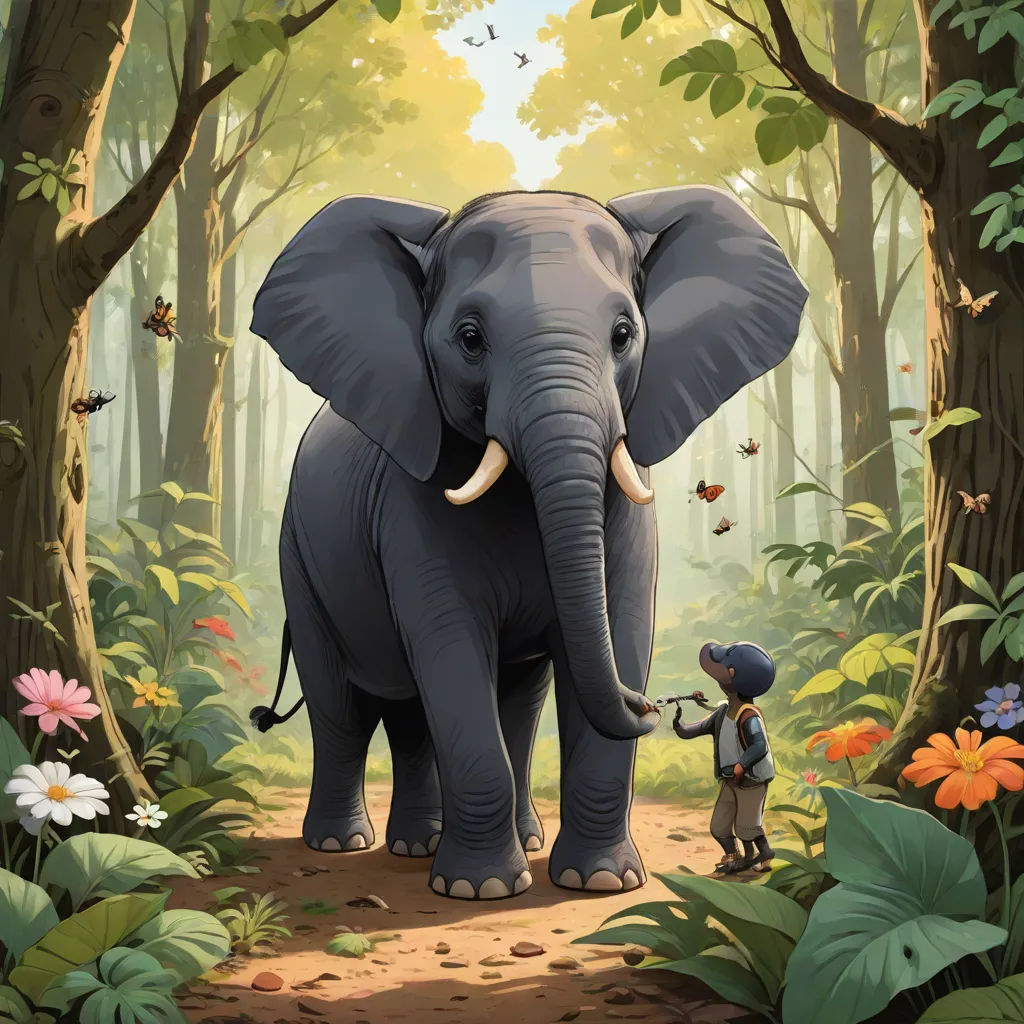 a painting of an elephant and a boy in the woods with flowers and butterflies around him, with a forest background, Chris LaBrooy, magical realism, a storybook illustration, promotional image