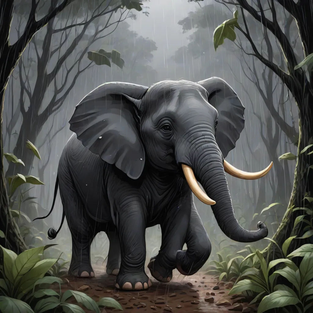 an elephant is walking through a forest with trees and leaves on the ground and a rain falling down on it, Ed Binkley, sumatraism, a digital painting, highly detailed digital painting