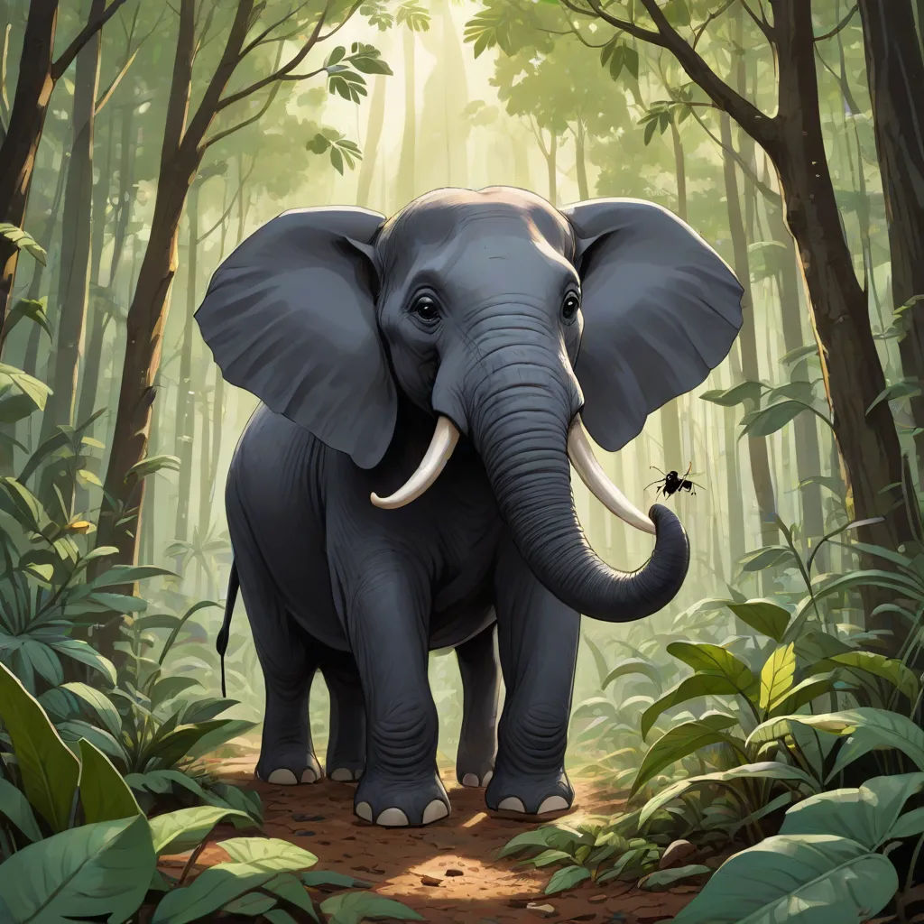 an elephant is standing in the middle of a forest with trees and leaves on the ground and a butterfly flying in the air, Chris LaBrooy, sumatraism, a digital painting, official art