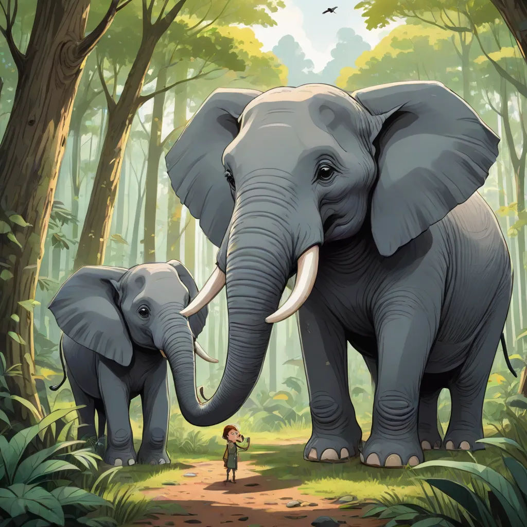 a couple of elephants standing in the middle of a forest with a man standing next to them and a woman standing next to them, Chris LaBrooy, sumatraism, a storybook illustration, official art
