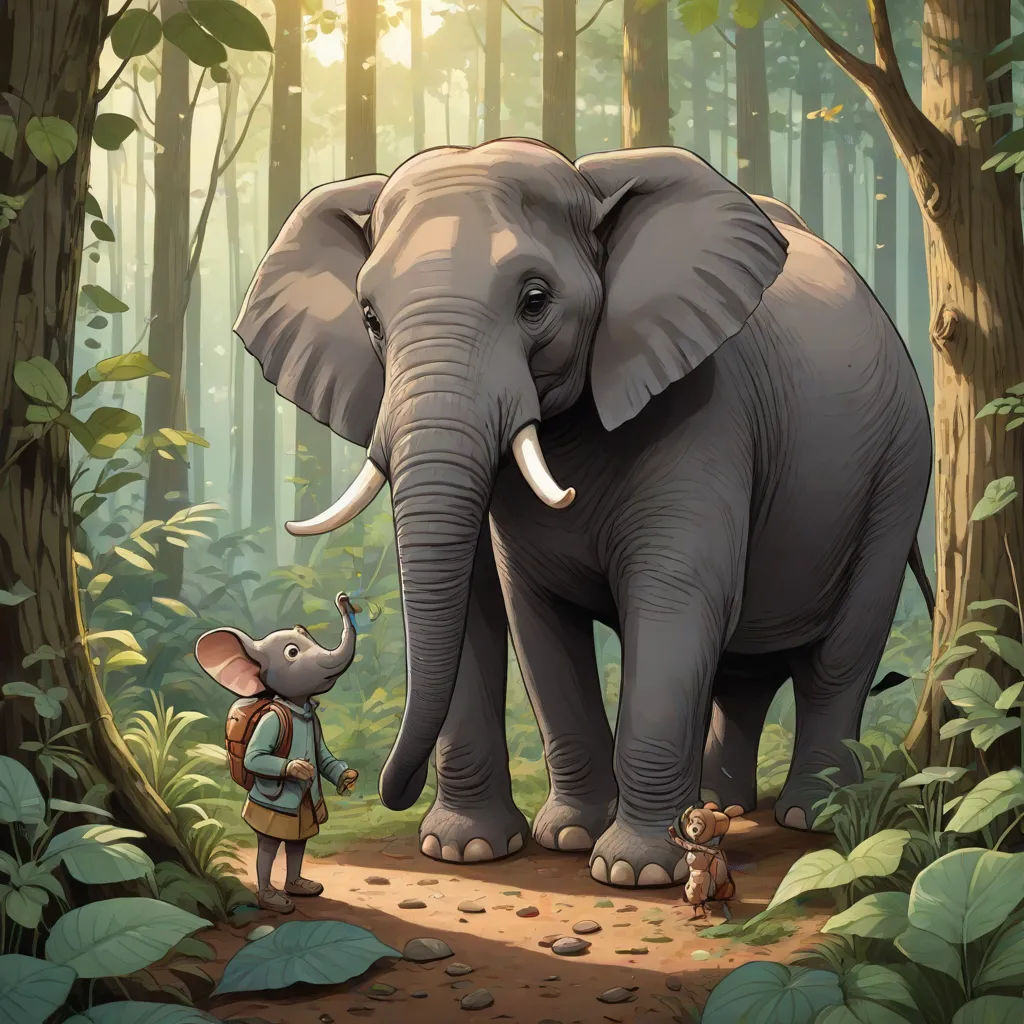 an elephant and a mouse in a forest with trees and leaves on the ground and a man standing next to it, Chris LaBrooy, magical realism, a storybook illustration, storybook illustration