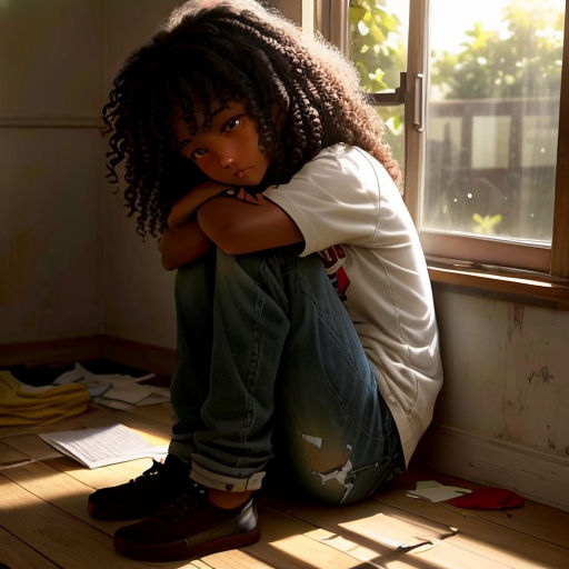 a young girl sitting on the floor with her arms crossed and her head resting on her knees, looking out of a window