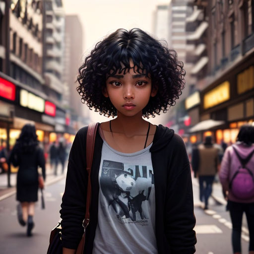 a woman with a black curly hair standing on a street corner in a city with people walking by and buildings