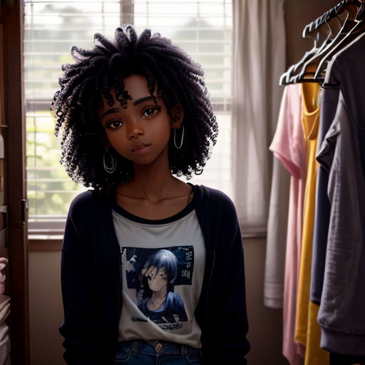 a young woman with a afro standing in front of a closet with clothes on hangers and a window
