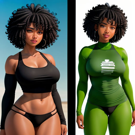 a woman in a green and black outfit next to a woman in a black bikini top and a woman in a green and black bikini top