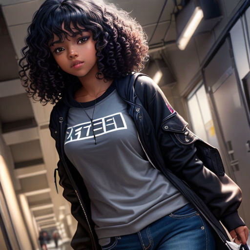 a woman with a black jacket and a gray shirt is walking down a hallway with a black purse and a black jacket