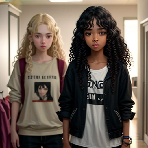 two young girls standing in a hallway with a mirror behind them and a door behind them with a door open