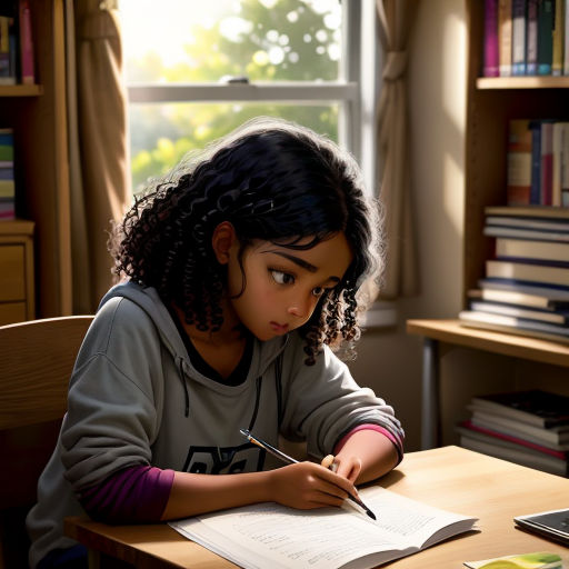 a young girl sitting at a desk writing on a piece of paper with a pen in her hand and a laptop on the other side