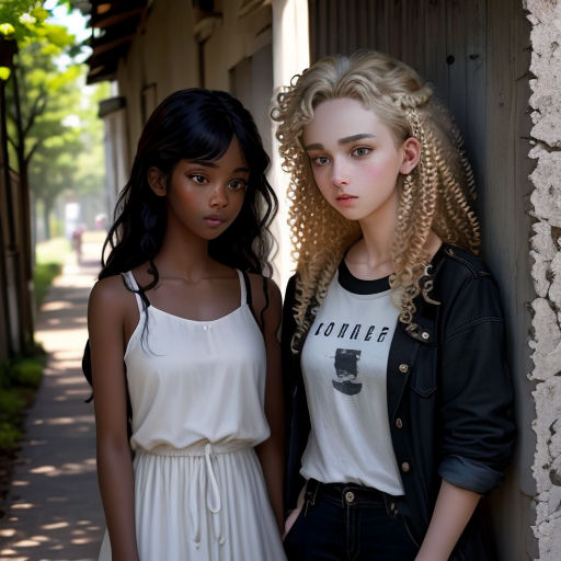 two young women standing next to each other near a building with a tree in the background and a stone wall
