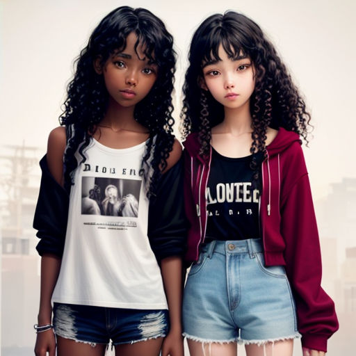 two young girls standing next to each other wearing shorts and a t - shirt with a picture of two women