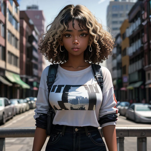 a woman with curly hair standing on a street corner with a city street in the background and a fence