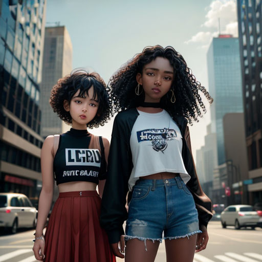 two young women standing on a city street in front of tall buildings and a traffic light, both wearing crop tops and denim shorts