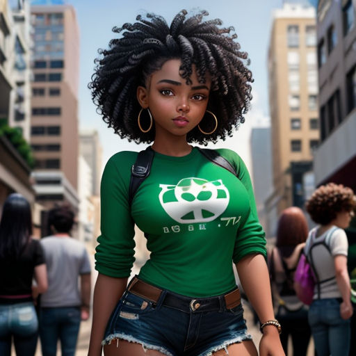 a woman with a green shirt and some people in the background and a building with a green sign on it