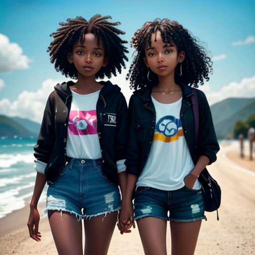 two young women standing on a beach next to the ocean wearing shorts and jackets with a t - shirt with a graphic on it