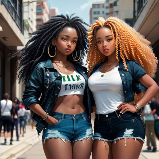 two women standing next to each other on a sidewalk in front of a crowd of people wearing jeans shorts