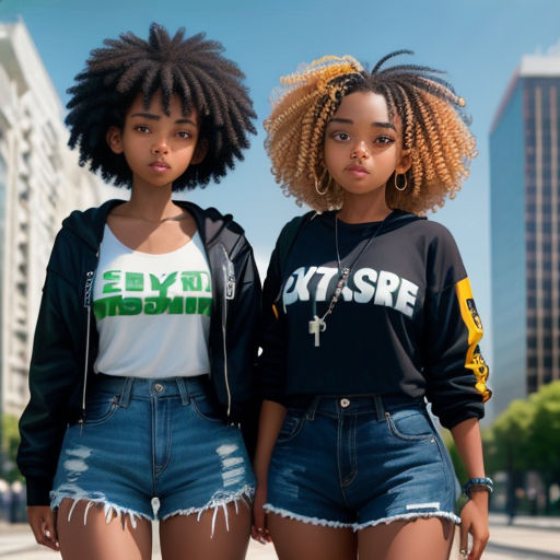 two young women standing next to each other in front of a city skyline with tall buildings and tall buildings