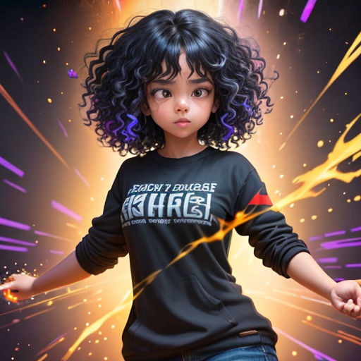 a young girl with curly hair is standing in front of a colorful background with fireworks and sparks in the air
