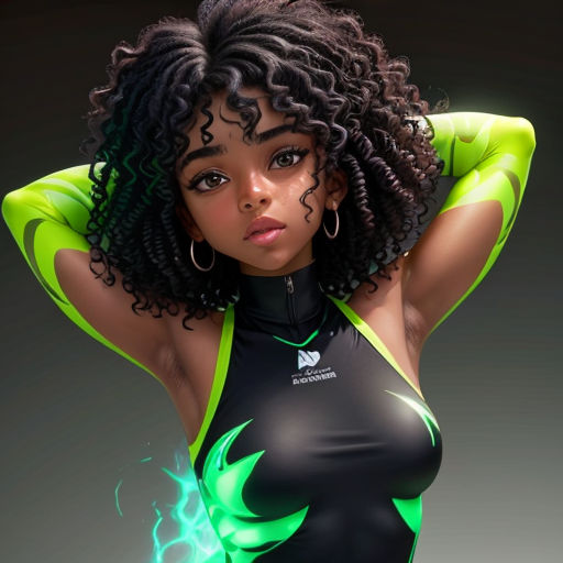 a woman with a neon green bodysuit and black hair is posing for a picture with her hands on her head