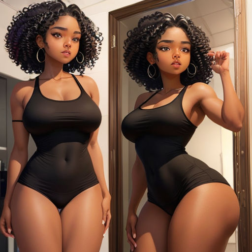 a woman in a black swimsuit is standing in front of a mirror and looking at her reflection in the mirror