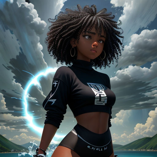 a woman in a black top and shorts standing in the water with a sky background and clouds above her