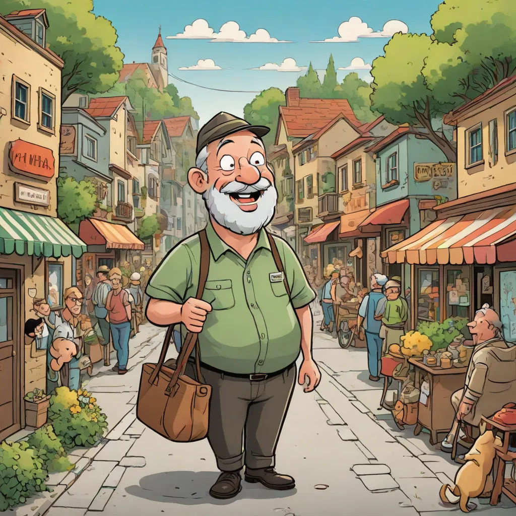 a man with a beard and a beard is walking down a street with a bag in his hand and people in the background, a storybook illustration, Bob Singer, private press, character sheet