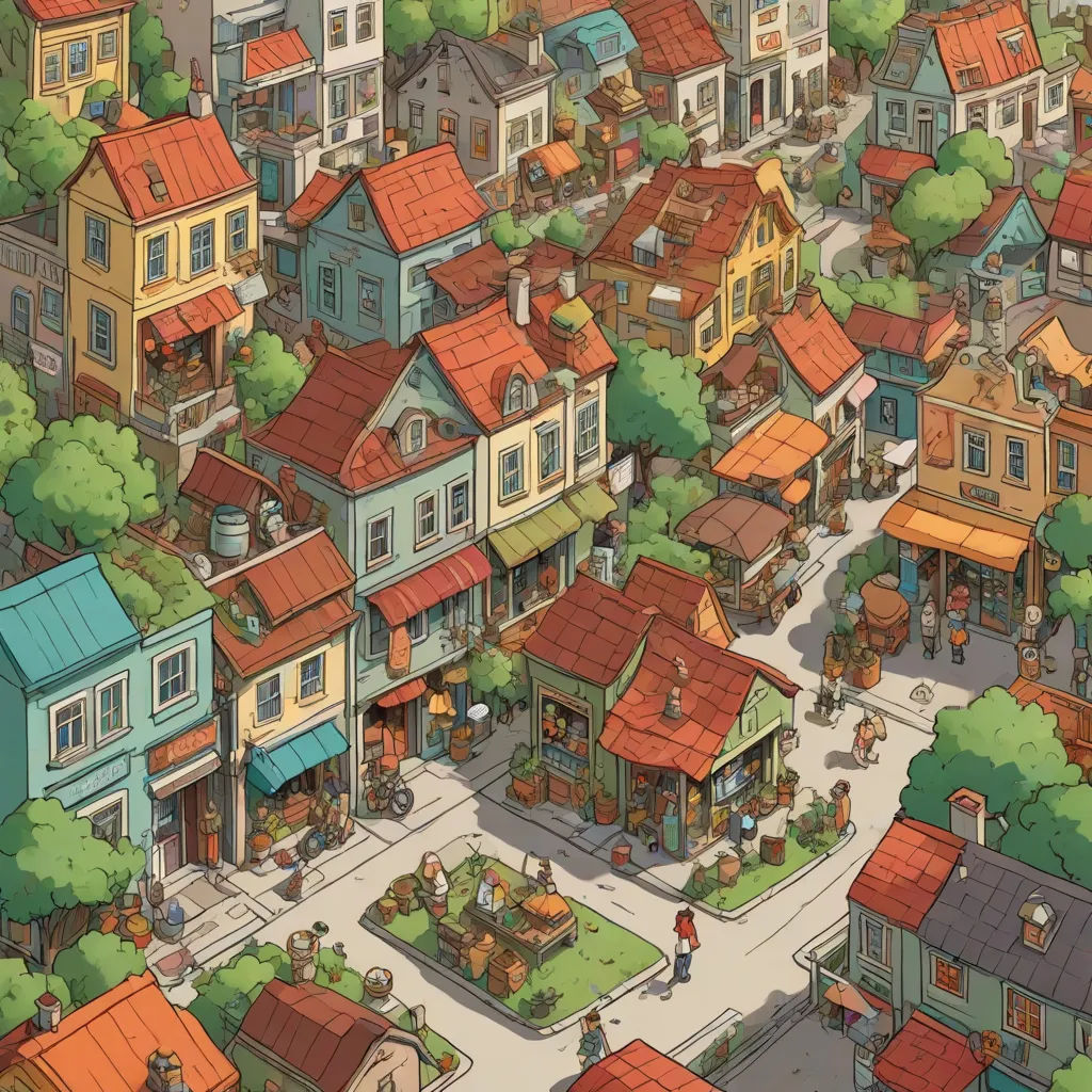 a cartoon town with a lot of houses and people walking around it and a man on a bike riding down the street, a comic book panel, Chris Ware, lowbrow, isometric