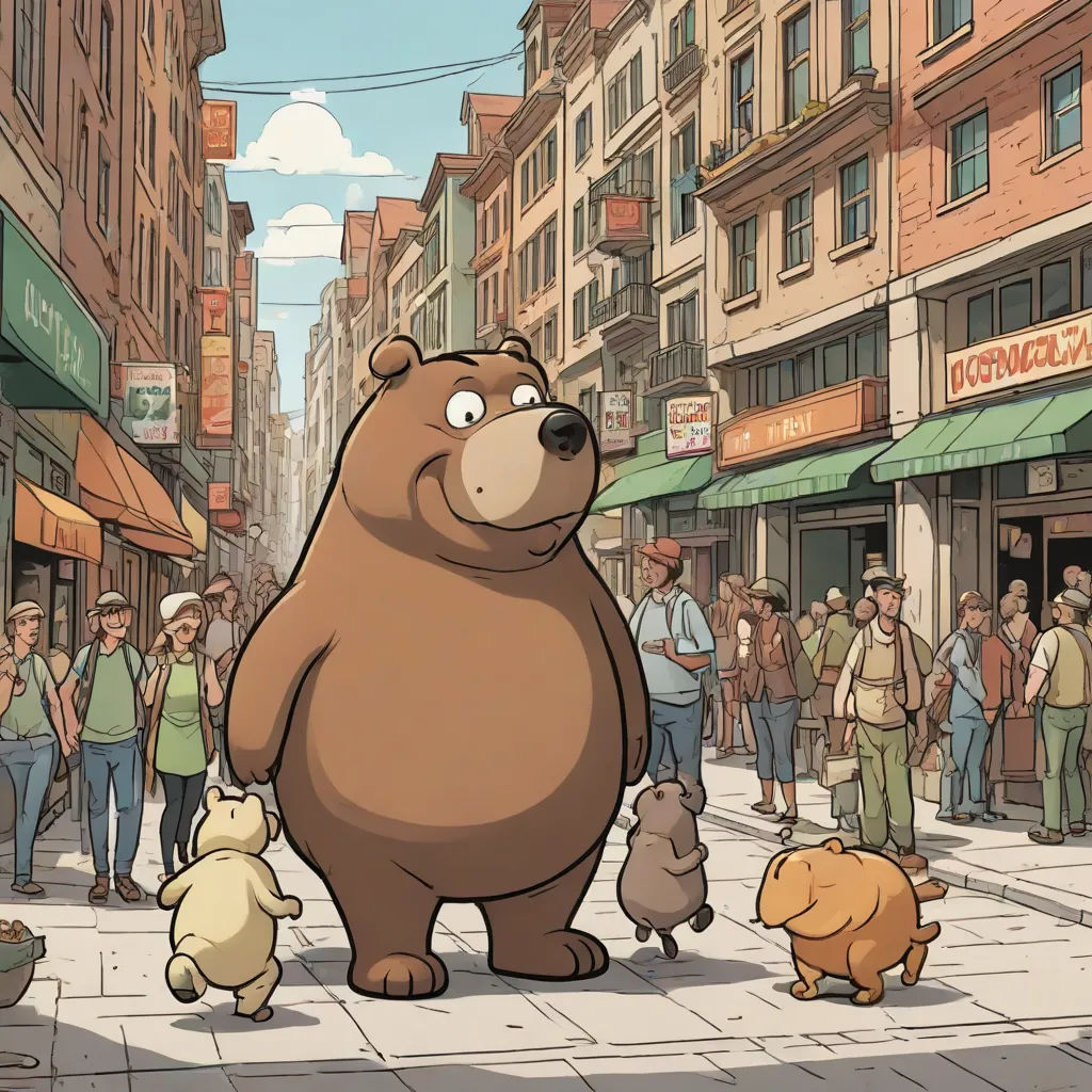 a cartoon bear standing in the middle of a city street with other animals around it and people walking around, a comic book panel, Chris LaBrooy, furry art, official art