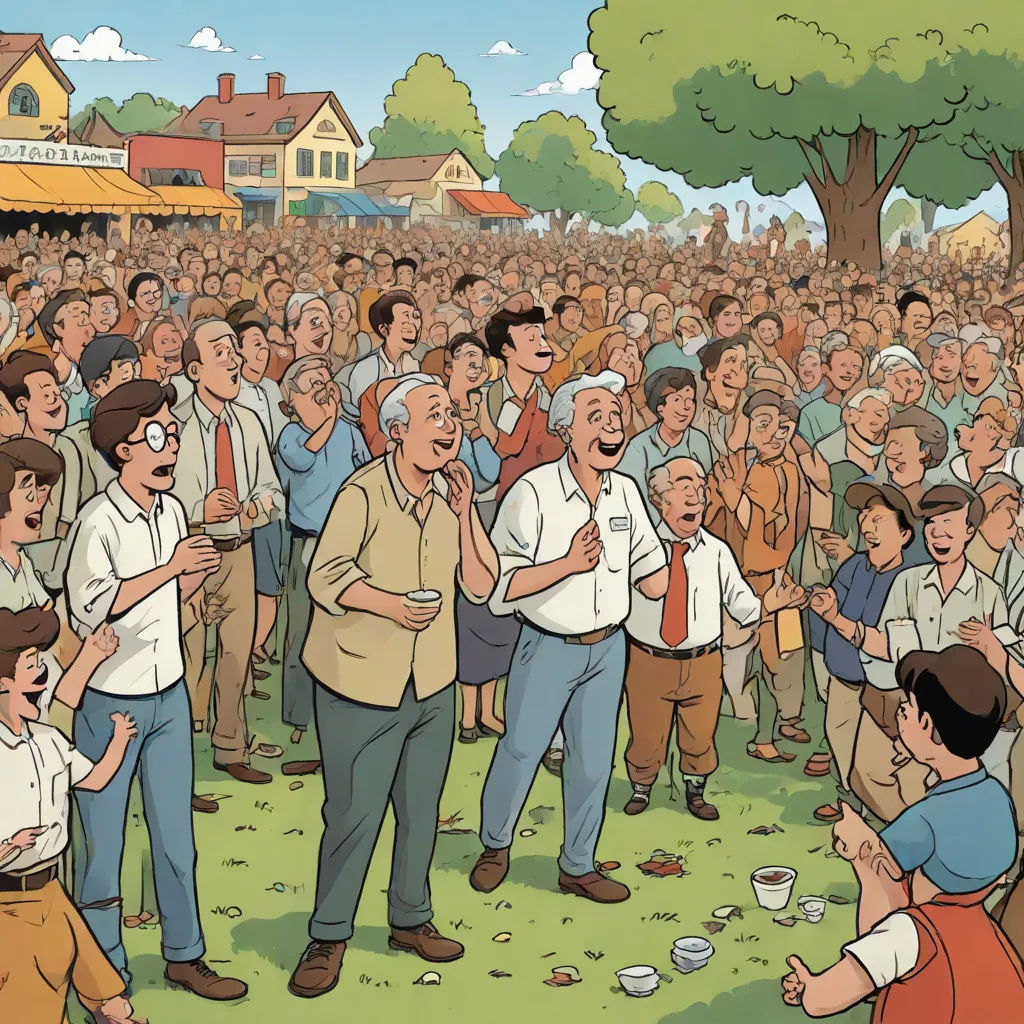 a crowd of people standing around a man giving a speech to a group of people in front of a house, a comic book panel, Chris Ware, american scene painting, graphic novel
