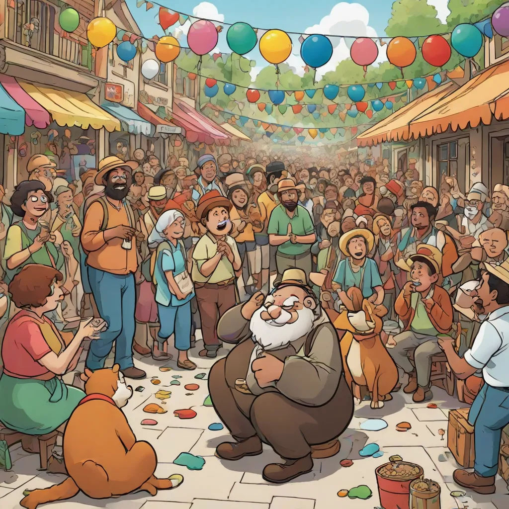 a crowd of people standing around a street with a man in a big hat and a dog in front of him, a storybook illustration, Asaf Hanuka, fantasy art, official art