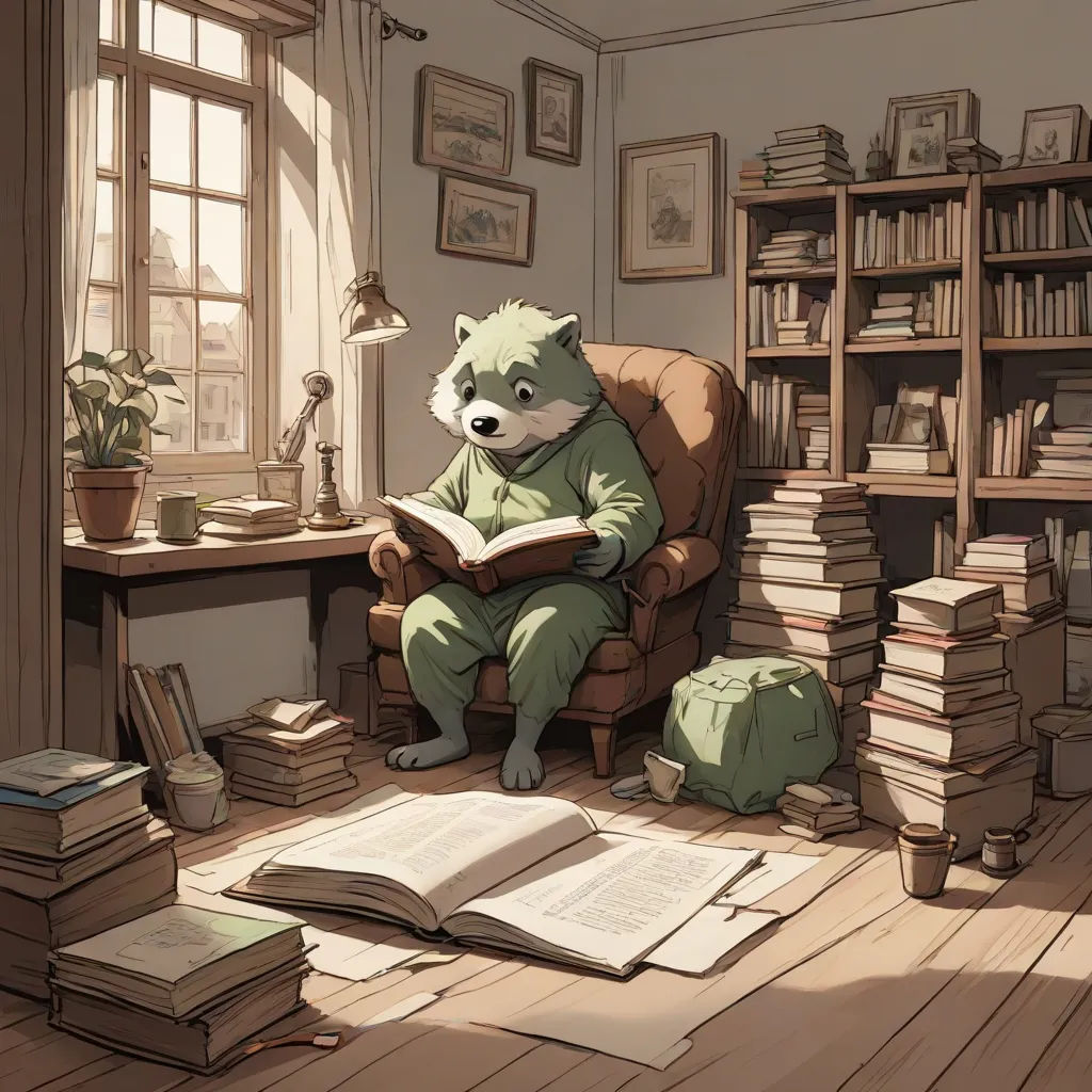 a bear sitting in a chair reading a book in a room full of books and a lamp on a table, a storybook illustration, Chris LaBrooy, furry art, cushart krenz