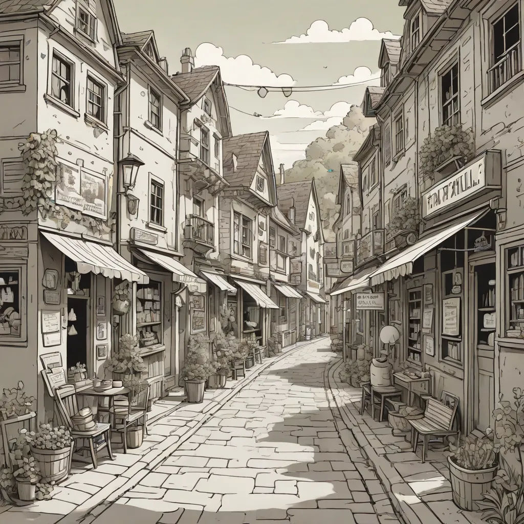 a drawing of a street with a store front and a few people sitting at tables on the sidewalk and a few buildings on the side, a detailed matte painting, Farel Dalrymple, modern european ink painting, matte drawing